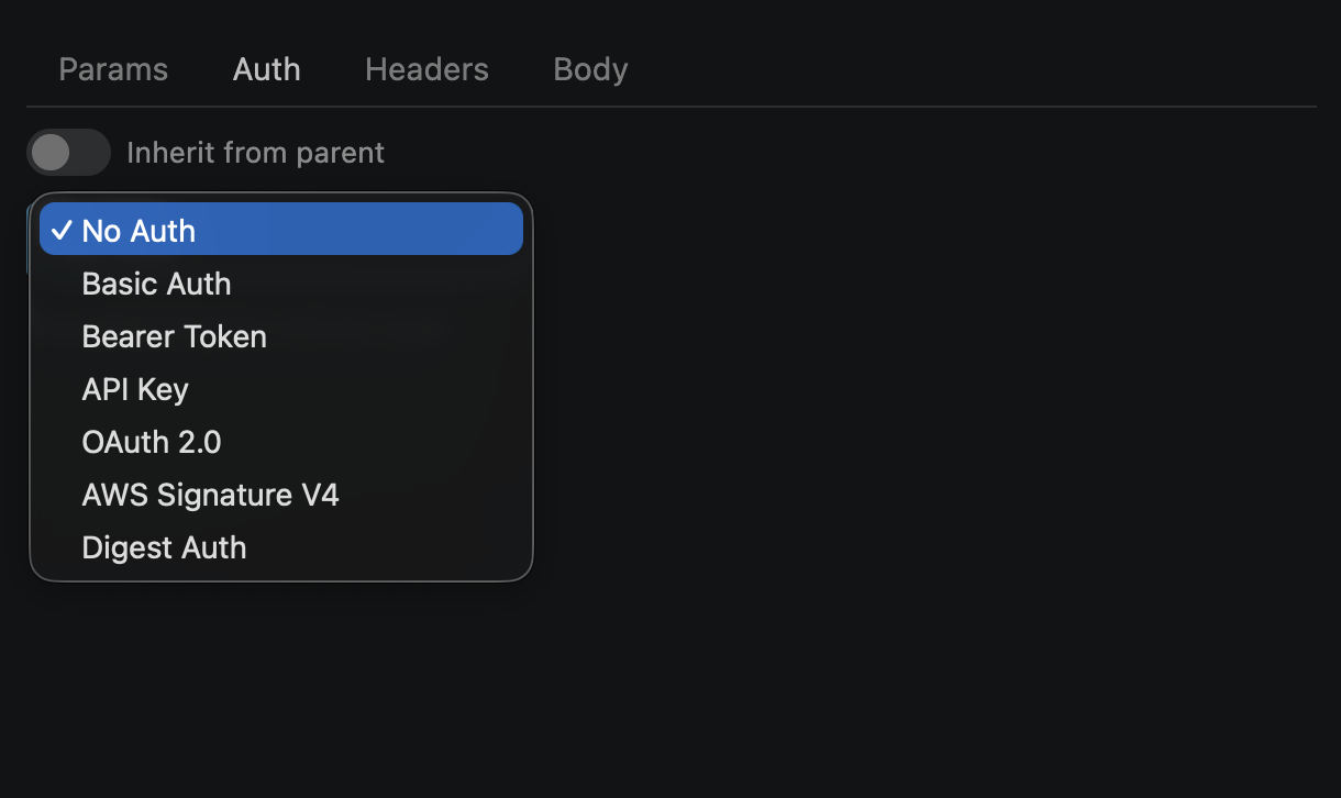 Auth type selector showing all 7 options